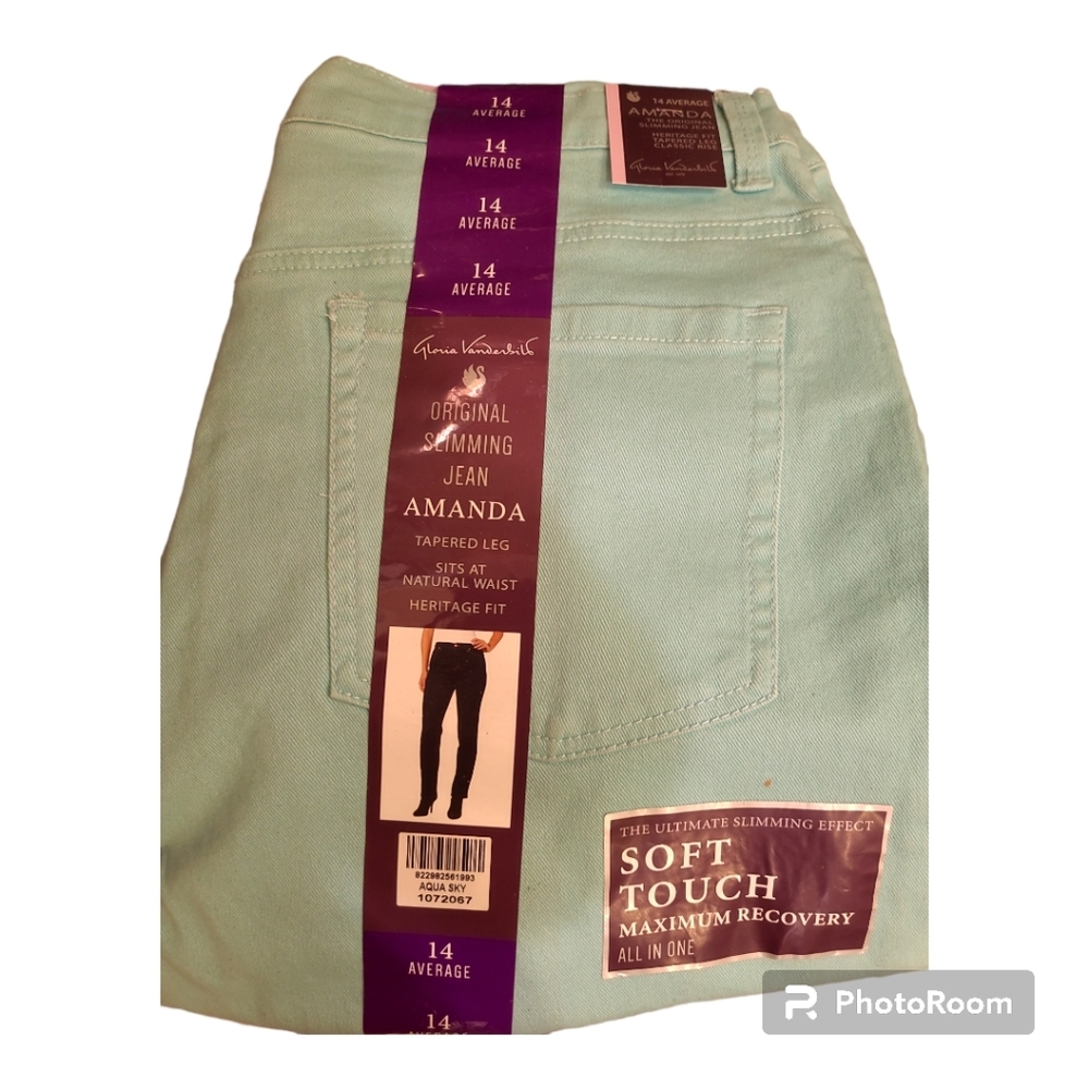 Gloria Vanderbilt Mint Sage Green Jeans Tapered Slimming Fit NWT Size 14